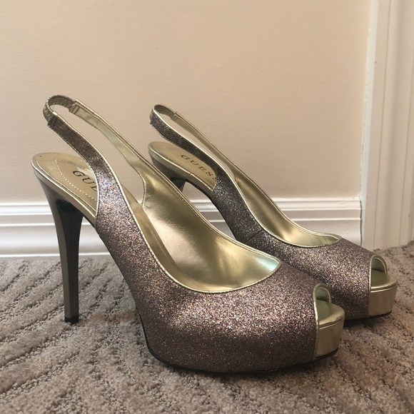 💗GUESS Pink & Gold Glitter Platform Heels - Picture 4 of 6